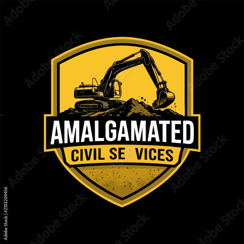 Amalgamated civil services construction badge with excavator on earth shield excavator construction services machinery equipment engineering building industry contractor infrastructure