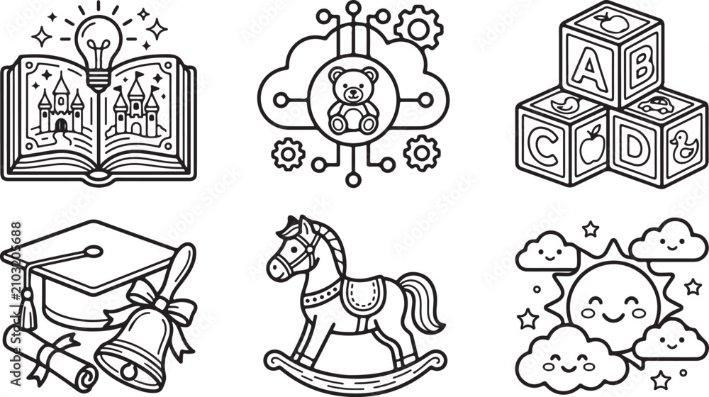 Fototapeta premium Set of black and white line art icons for children education and toys