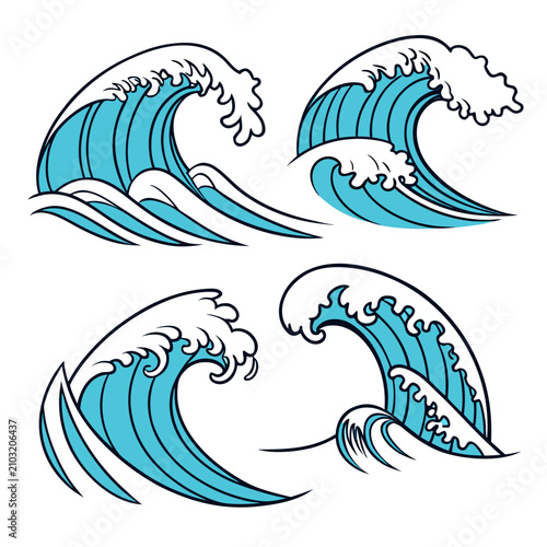 Фотография Four different styles of ocean waves illustration with illustration crashing wat