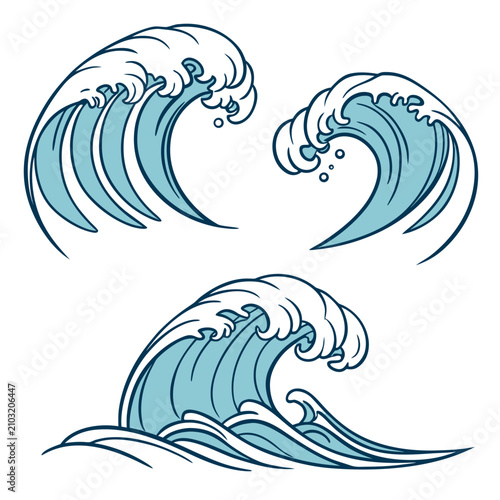 Obraz na plátne Three different styles of ocean waves illustration with illustration crashing wa