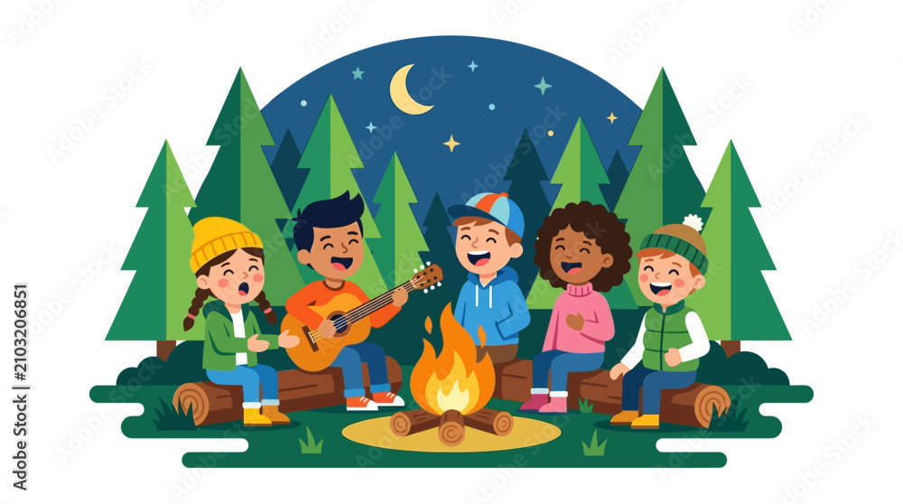 Naklejka premium A group of diverse cartoon children sit around a campfire in a forest at night, with one child playing an acoustic guitar and others singing.