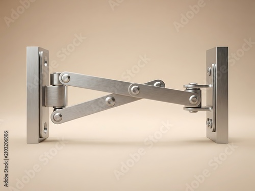 Modern stainless steel scissor hinge mechanism isolated on beige