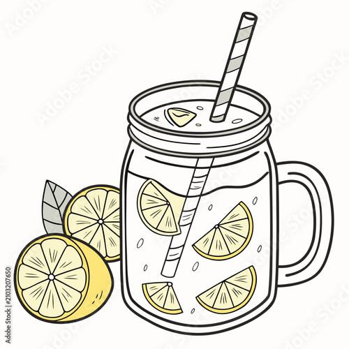 Фотография A mason jar filled with lemonade and lemon slices complete with a straw and hand