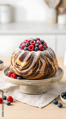 Marble bundt cake with berries on stand.
