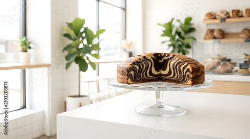 Marble loaf cake on glass stand in bright bakery.