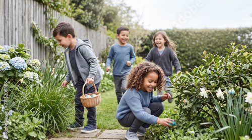 Children hunting Easter eggs in garden