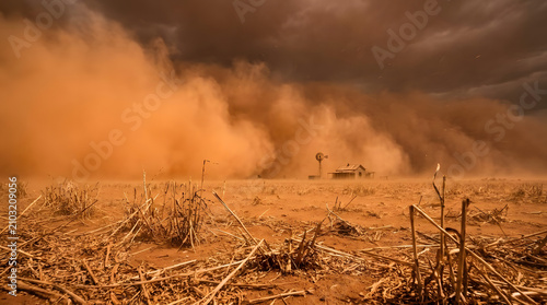 Massive orange dust storm approaching farmhouse over dry agricultural fields.