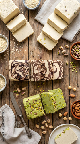 Overhead view of various halva bars and pistachio nuts.