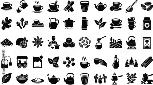 Masala Chai Tea Silhouette Icon Set with Solid Black Symbols for Traditional Indian Cafe Menus, Herbal Spices, Brewing Utensils, and Hot Beverage Designs