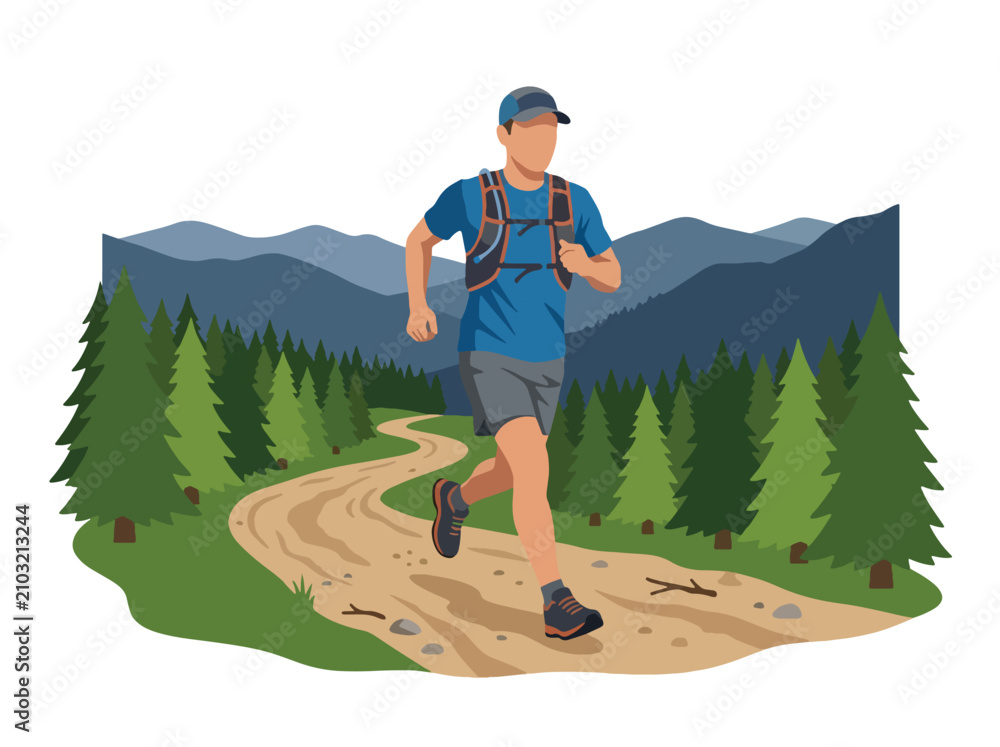 Fototapeta premium Flat style vector illustration of a male trail runner exercising on a mountain forest path. Perfect for fitness, endurance, outdoor sports, healthy lifestyle and recreation designs