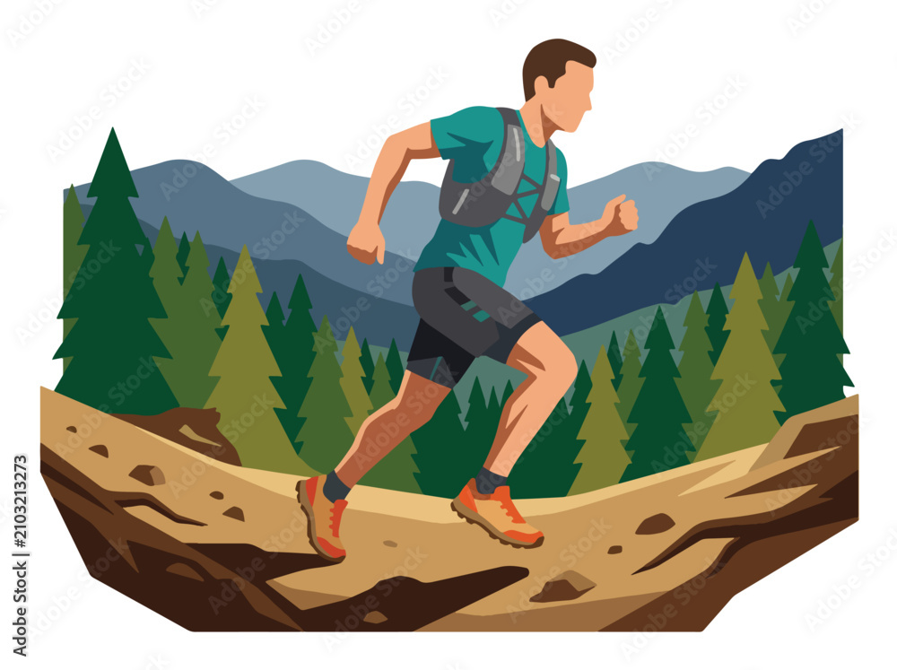 Fototapeta premium Flat style vector illustration of a male trail runner exercising on a mountain forest path. Perfect for fitness, endurance, outdoor sports, healthy lifestyle and recreation designs