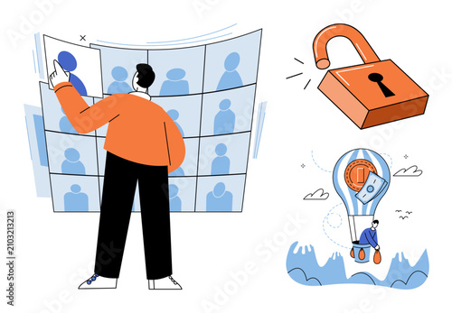 Person managing team profiles and financial growth vector illustration. Remote work, digital security, investment, data protection, business strategy, corporate success. Employee organizing network