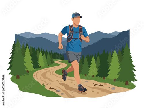 Flat style vector illustration of a male trail runner exercising on a mountain forest path. Perfect for fitness, endurance, outdoor sports, healthy lifestyle and recreation designs