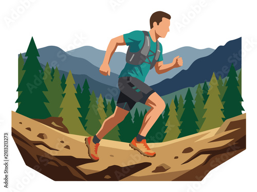 Flat style vector illustration of a male trail runner exercising on a mountain forest path. Perfect for fitness, endurance, outdoor sports, healthy lifestyle and recreation designs