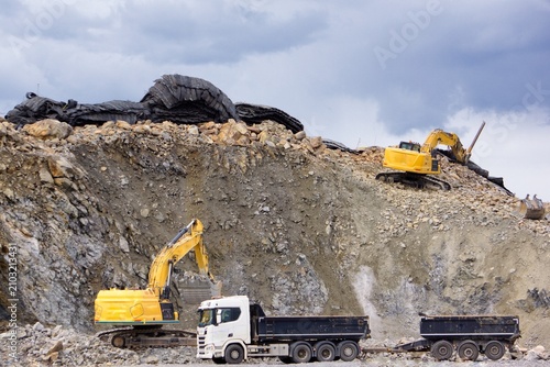 Excavator blue sky heavy machine construction site