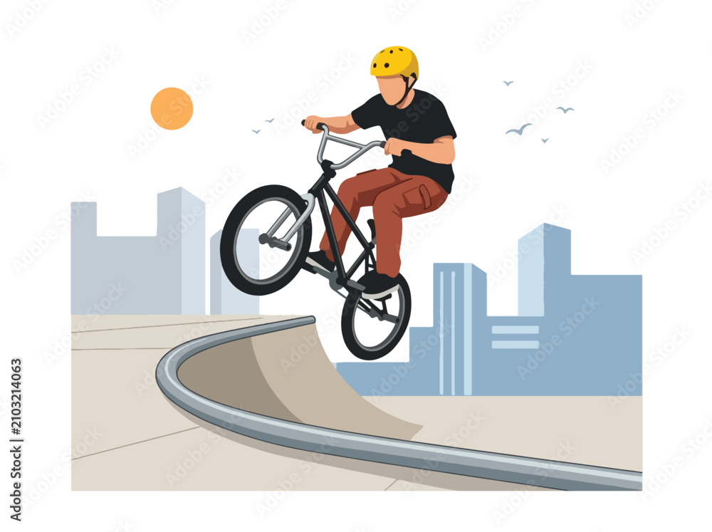 Obraz premium Flat style vector illustration of a male BMX rider performing an aerial trick above a freestyle park ramp. Perfect for cycling, extreme sports, recreation, youth culture and action designs