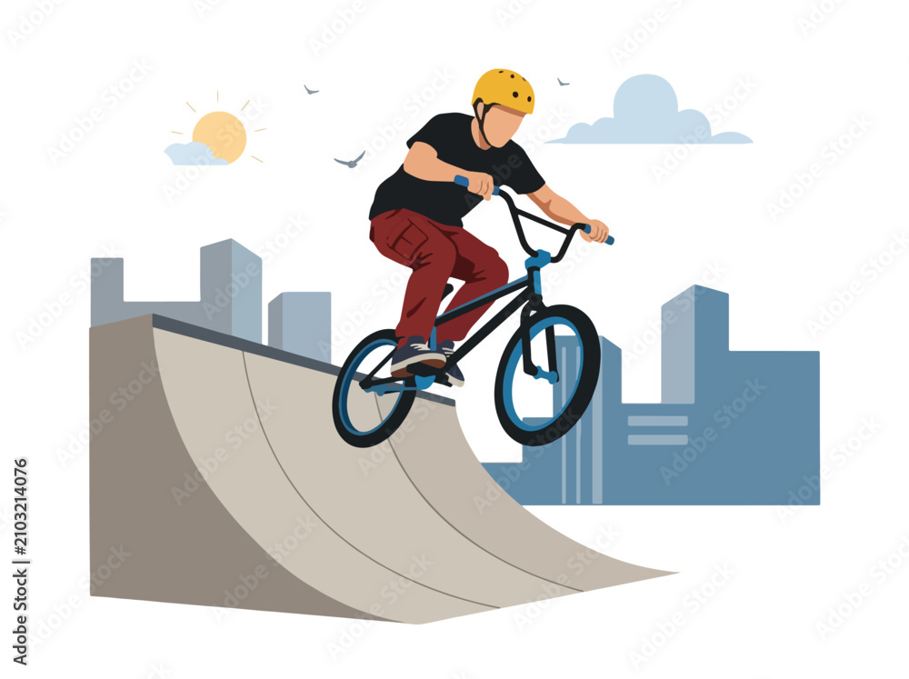 Obraz premium Flat style vector illustration of a male BMX rider performing an aerial trick above a freestyle park ramp. Perfect for cycling, extreme sports, recreation, youth culture and action designs
