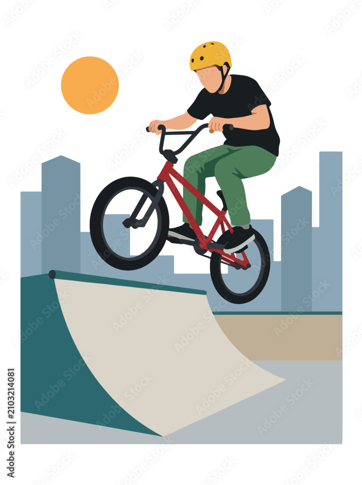 Obraz premium Flat style vector illustration of a male BMX rider performing an aerial trick above a freestyle park ramp. Perfect for cycling, extreme sports, recreation, youth culture and action designs