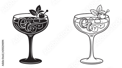 Tableau sur toile black vector silhouette with line art pair icon of cocktails with garnishes