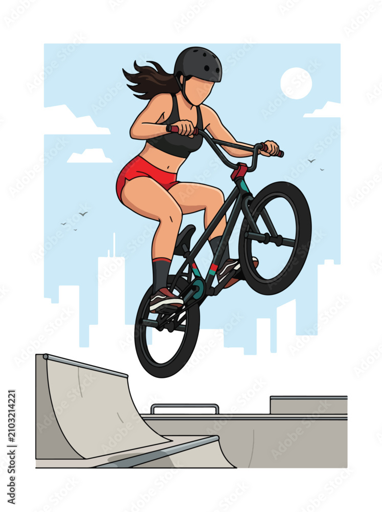 Obraz premium Flat style vector illustration of a female BMX rider performing a jump in an urban skatepark under sunny skies. Perfect for cycling, extreme sports, recreation, youth lifestyle and fitness designs