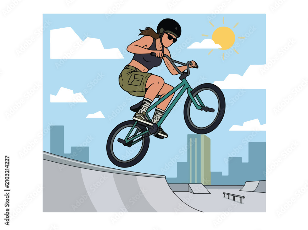 Obraz premium Flat style vector illustration of a female BMX rider performing a jump in an urban skatepark under sunny skies. Perfect for cycling, extreme sports, recreation, youth lifestyle and fitness designs
