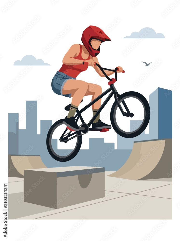 Obraz premium Flat style vector illustration of a female BMX rider performing a jump in an urban skatepark under sunny skies. Perfect for cycling, extreme sports, recreation, youth lifestyle and fitness designs