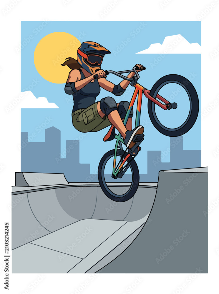 Obraz premium Flat style vector illustration of a female BMX rider performing a jump in an urban skatepark under sunny skies. Perfect for cycling, extreme sports, recreation, youth lifestyle and fitness designs