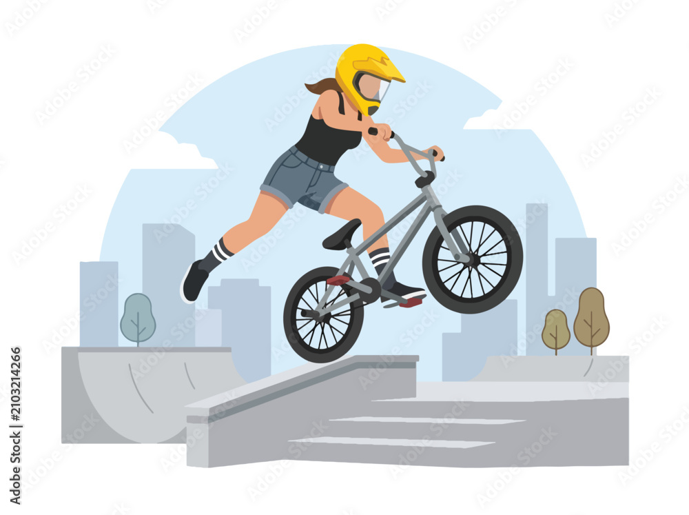 Obraz premium Flat style vector illustration of a female BMX rider performing a jump in an urban skatepark under sunny skies. Perfect for cycling, extreme sports, recreation, youth lifestyle and fitness designs