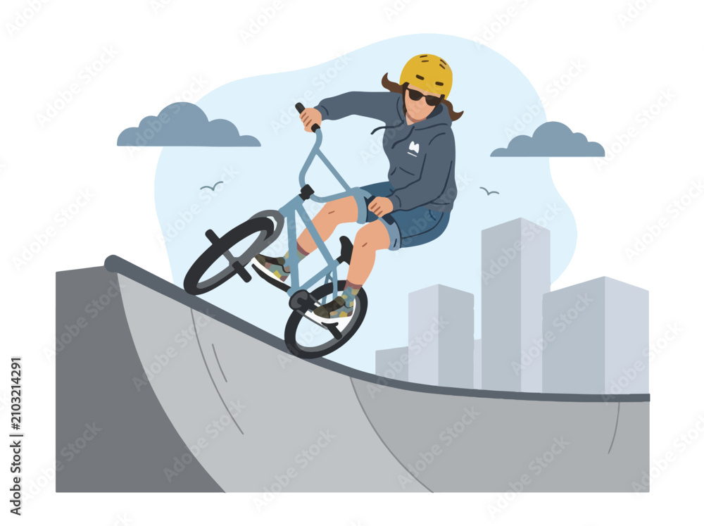 Obraz premium Flat style vector illustration of a female BMX rider performing a jump in an urban skatepark under sunny skies. Perfect for cycling, extreme sports, recreation, youth lifestyle and fitness designs