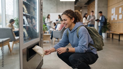 student humorously trying to retrieve a stuck snack from a vending machine