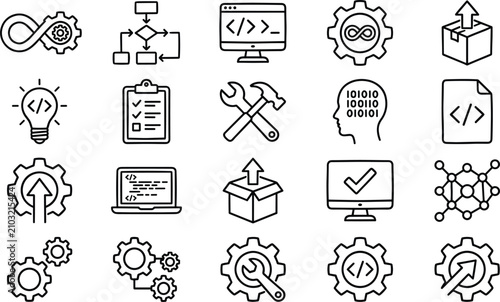 Agile DevOps software lifecycle and continuous integration loop outline icons set for automation script engineering development vector