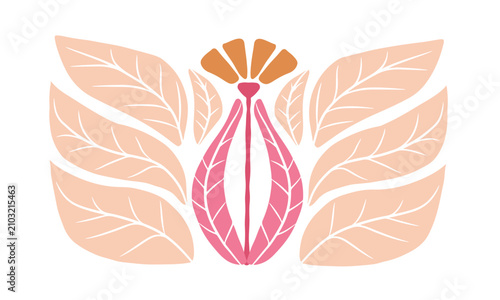 Abstract art featuring flowers and leaves in shades of pink and orange, with a feminine feel. transparent background.