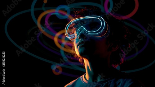 Young man wearing glowing neon virtual reality goggles in dark futuristic metaverse concept