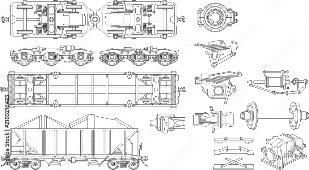 Obraz premium Isometric Railway Freight Wagon Components CAD Collection for Rail Engineering Design