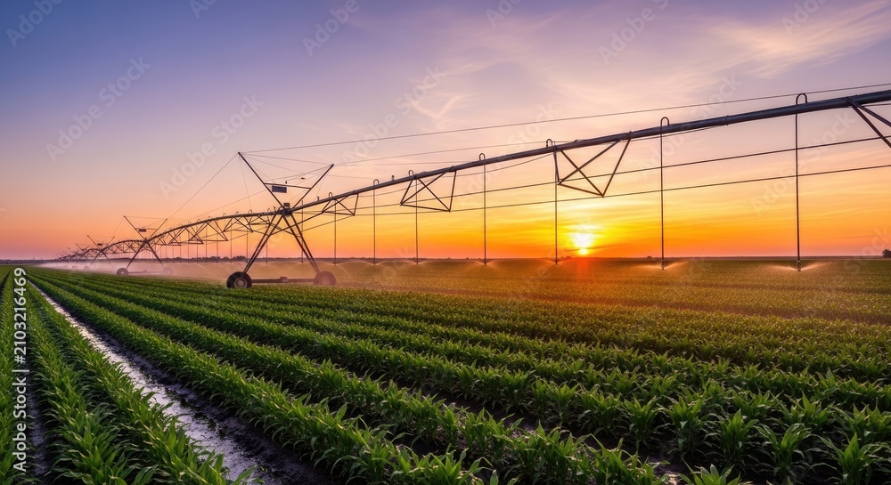 Obraz premium Center pivot irrigation system in green field at sunset.