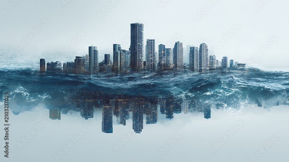 Fototapeta premium A surreal city skyline emerges from turbulent ocean waves, blending urban architecture with the power of nature.