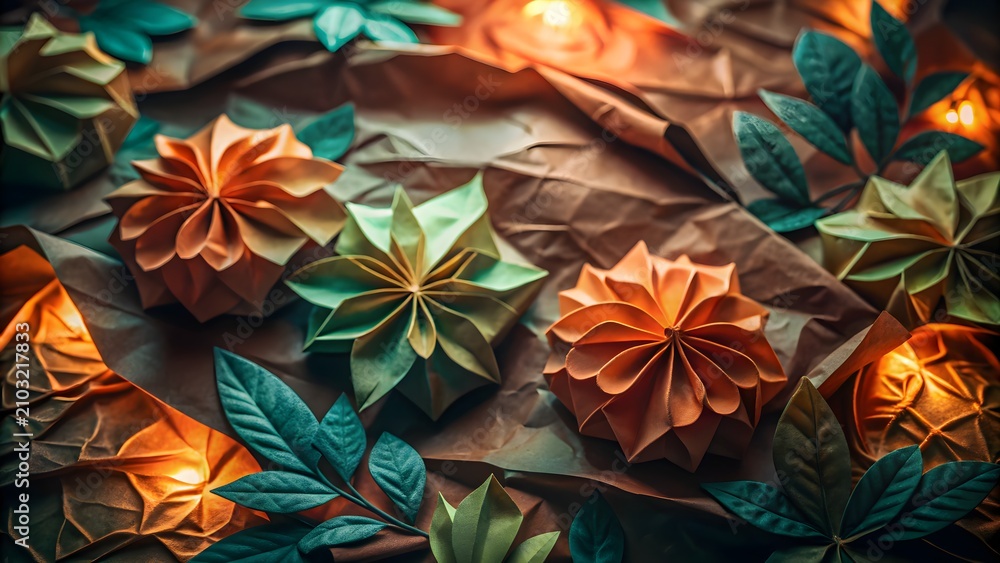 Fototapeta premium Handmade paper flower arrangements with green leaves and warm lights handmade lighting botanical creativity sculpture background decoration papercraft aesthetic composition ornamental