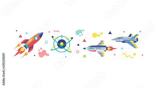 Scientific space journey illustration with a launching rocket, a symbolic atomic model, and high speed fighter jets.