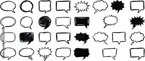 Set of hand drawn speech bubbles and thought balloons in sketch style with handdrawn collection dialogue communication illustration creative isolated