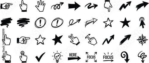 Set of hand drawn pointer hands arrows stars and creative symbols with handdrawn collection illustration isolated scribble business navigation attention