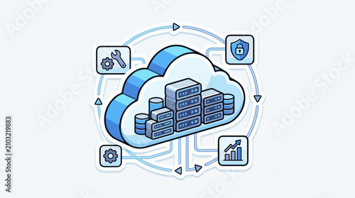 Cloud servers with security settings and growth icons