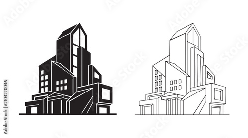 Quadro su tela building black vector silhouette with line art pair icon and outline design