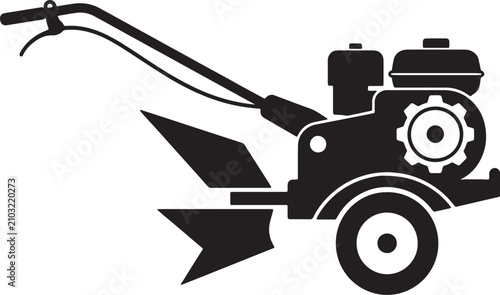 Foto Black and white silhouette of a walk-behind garden tiller, agricultural machiner