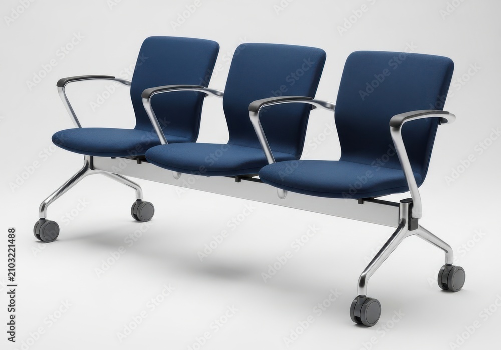 Obraz premium Modern three seat blue office bench with chrome armrests and wheels