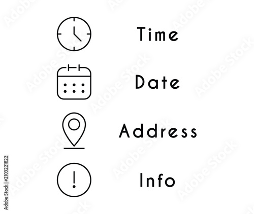 Date, time, location address icon set template editable stroke