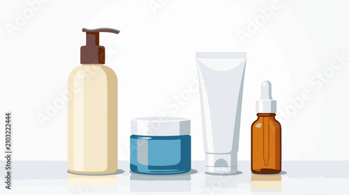 Collection of cosmetic products including a pump dispenser jar tube and dropper