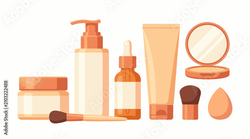 Collection of cosmetic products including bottles jars and brushes