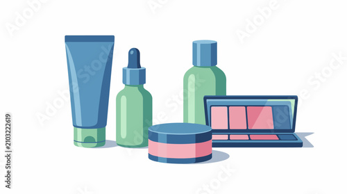 Collection of cosmetic products including bottles jar and palette