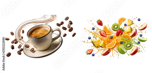 Coffee cup and fresh fruit mix with juice splash isolated on white isolated on transparent background