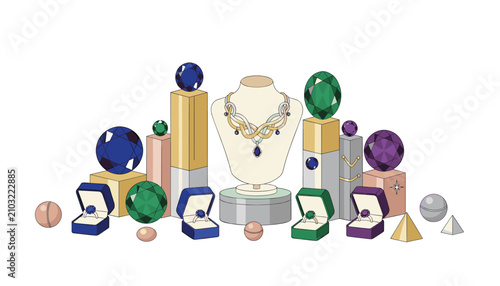 Elegant jewelry display with necklaces on stands, rings in velvet boxes, and scattered loose gemstones on white background.
